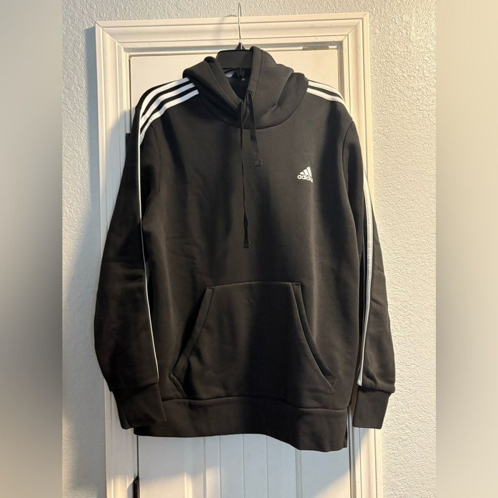 NWT Adidas Hoodie Mens Black Excellent 3-Stripes Fleece Pullover Logo Hooded